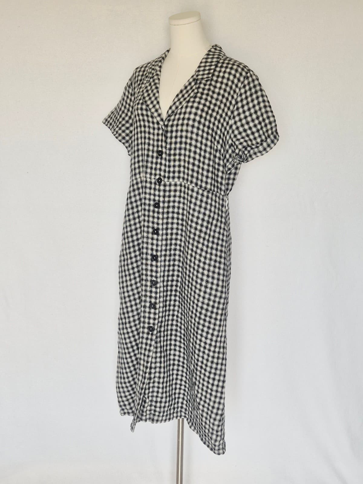 Quince European Linen Gingham Button-Front Shirt Dress Short Sleeve Black Sz.L - Thumbnail 3