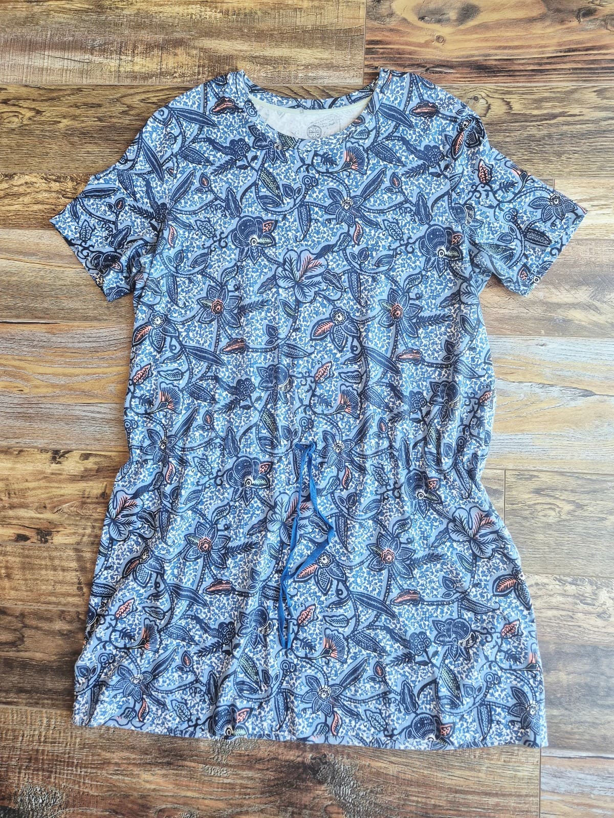 Tory Burch Floral Dropwaist Drawstring Dress Short Sleeve Blue Knit Cotton Sz.XL - Thumbnail 6