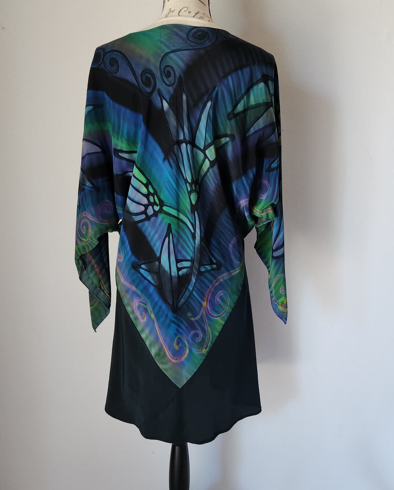 Vintage Laura White Hand Painted Silk Tunic Mini Dress Batwing Sleeve Green Sz.S - Thumbnail 4