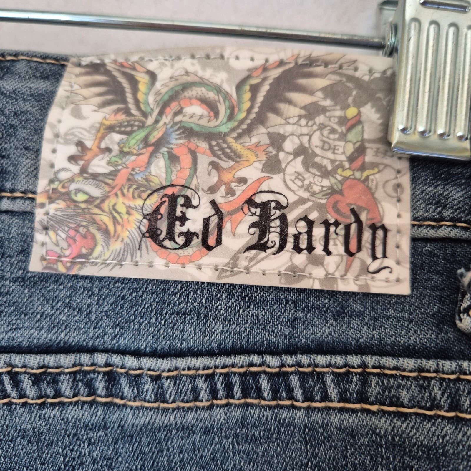 Ed Hardy Women's 26 New York City Eagle Skull Embroidered Slim Flare Jeans Blue - Thumbnail 8