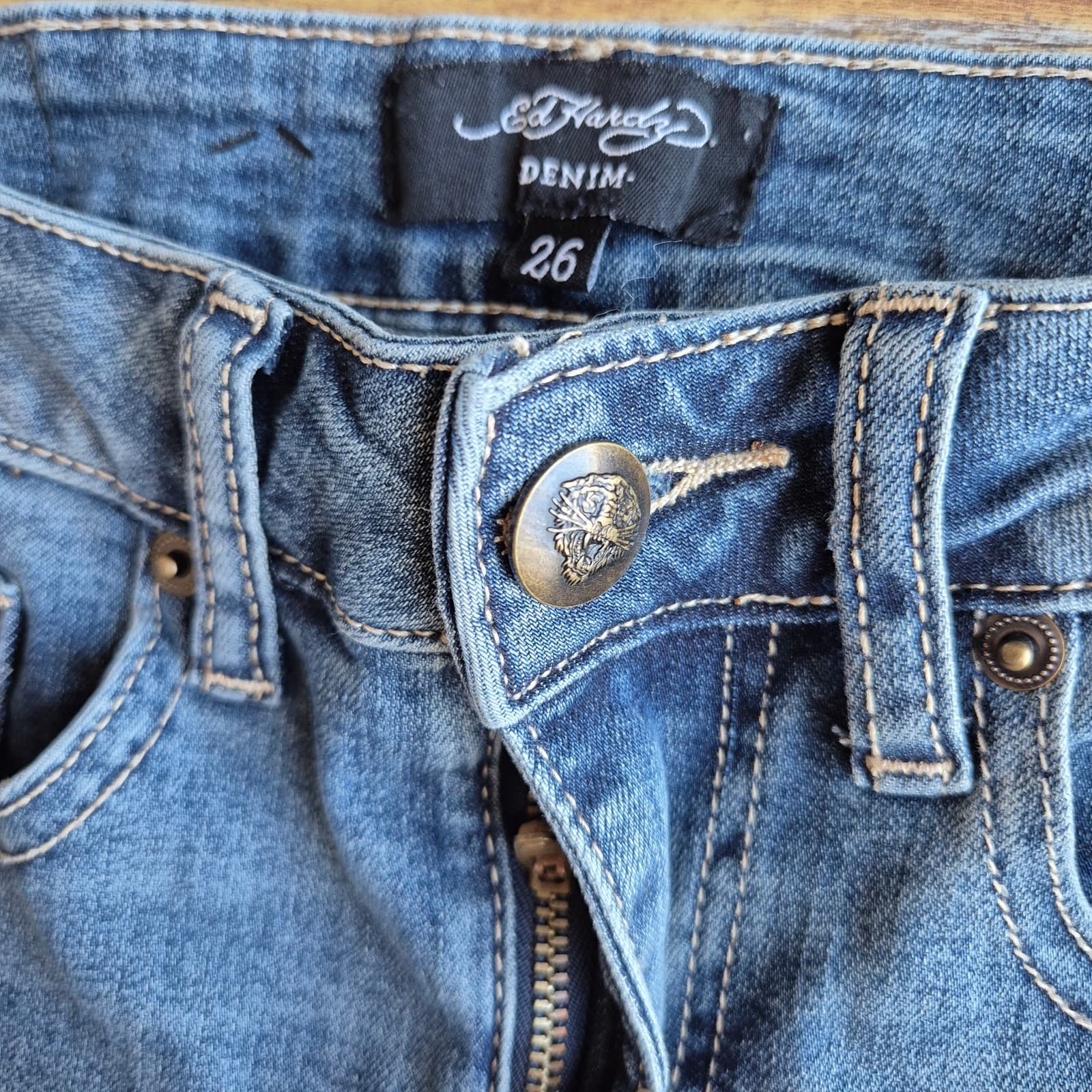 Ed Hardy Women's 26 New York City Eagle Skull Embroidered Slim Flare Jeans Blue - Thumbnail 10