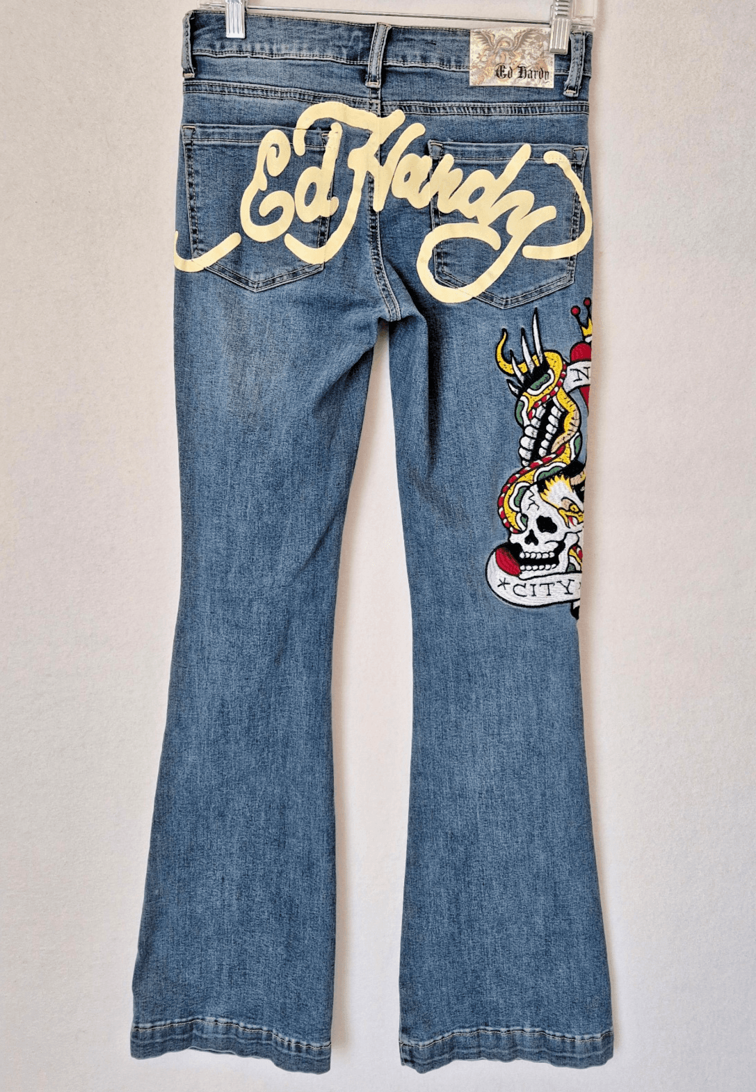 Ed Hardy Women's 26 New York City Eagle Skull Embroidered Slim Flare Jeans Blue