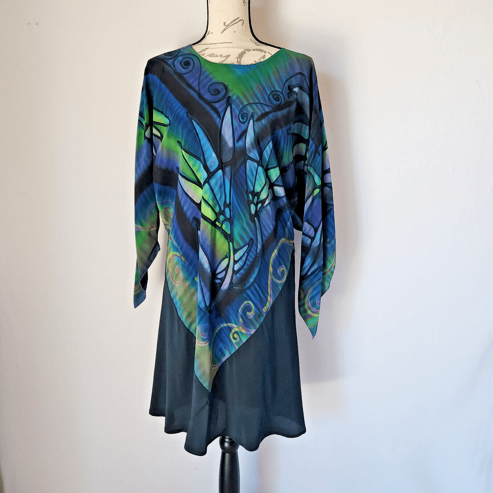 Vintage Laura White Hand Painted Silk Tunic Mini Dress Batwing Sleeve Green Sz.S - Thumbnail 2
