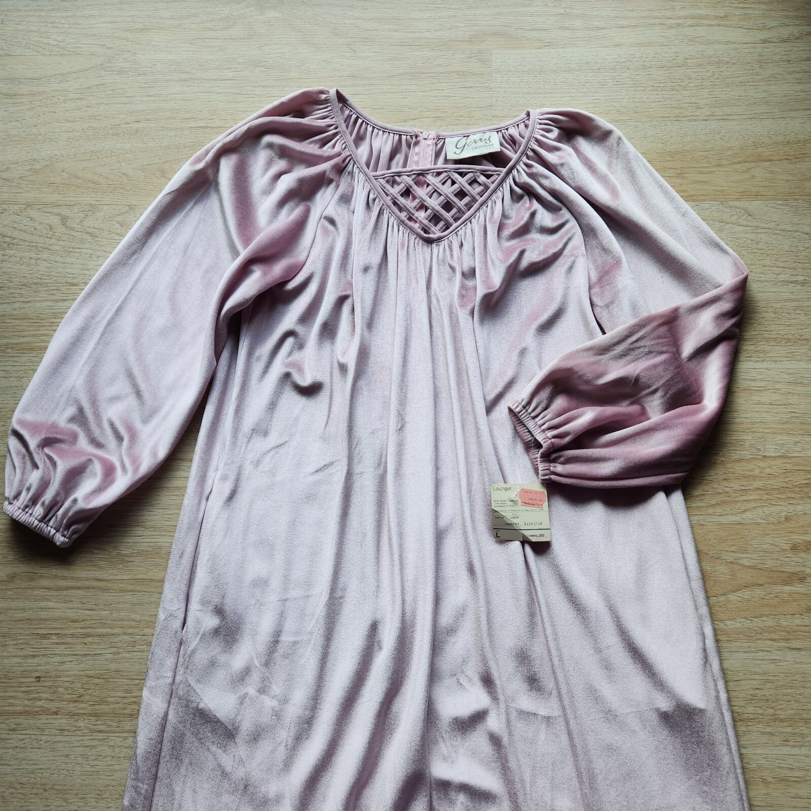 Vintage NWT Gerry California Velvet Lounger Maxi Dress Long Sleeve Pink Sz.L - Thumbnail 7