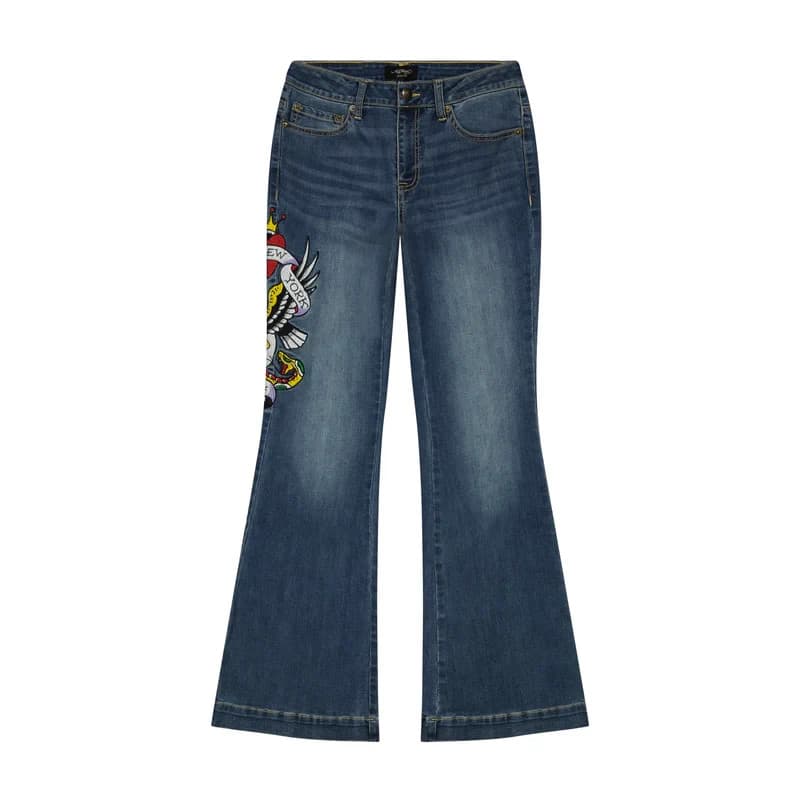 Ed Hardy Women's 26 New York City Eagle Skull Embroidered Slim Flare Jeans Blue - Thumbnail 7