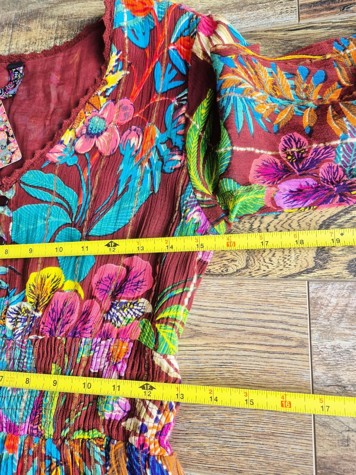 NEW Me 2 Magic Floral Boho Maxi Dress Smocked Tiered Crinkle Brown Metallic Sz.S - Thumbnail 13