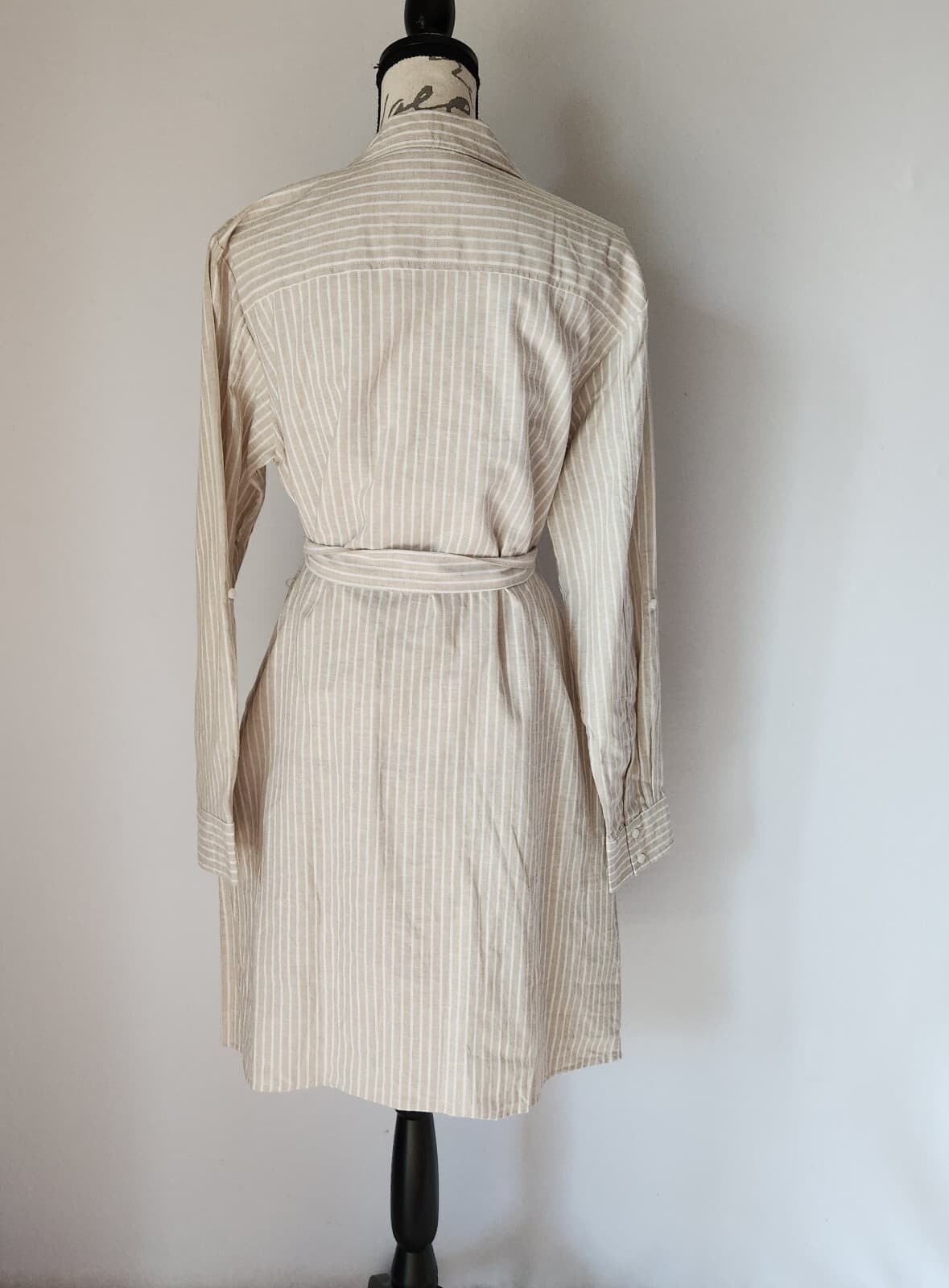 NWT Tommy Hilfiger Linen Blend Belted Shirt-Dress Long Sleeve Striped Beige 12 - Thumbnail 4