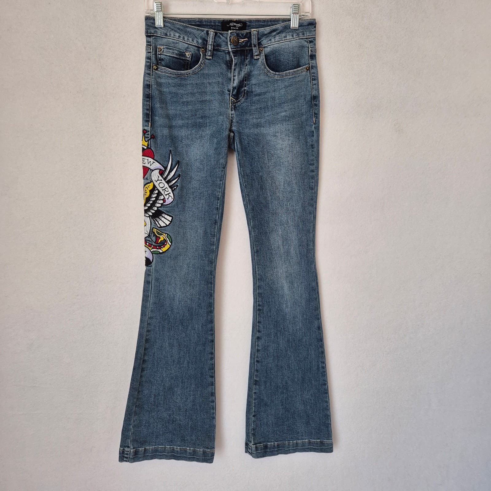Ed Hardy Women's 26 New York City Eagle Skull Embroidered Slim Flare Jeans Blue - Thumbnail 2