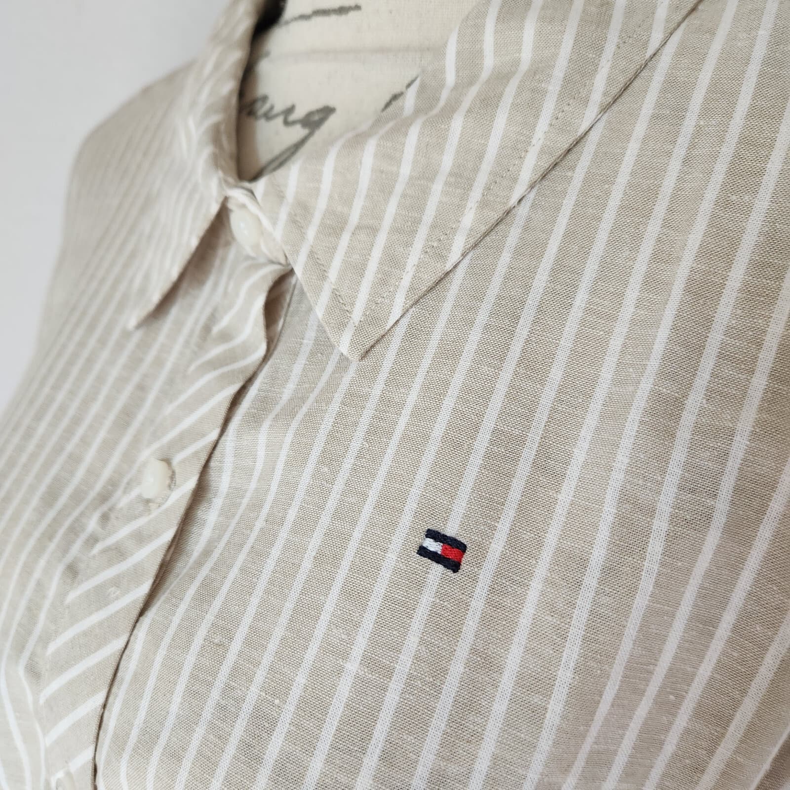 NWT Tommy Hilfiger Linen Blend Belted Shirt-Dress Long Sleeve Striped Beige 12 - Thumbnail 3