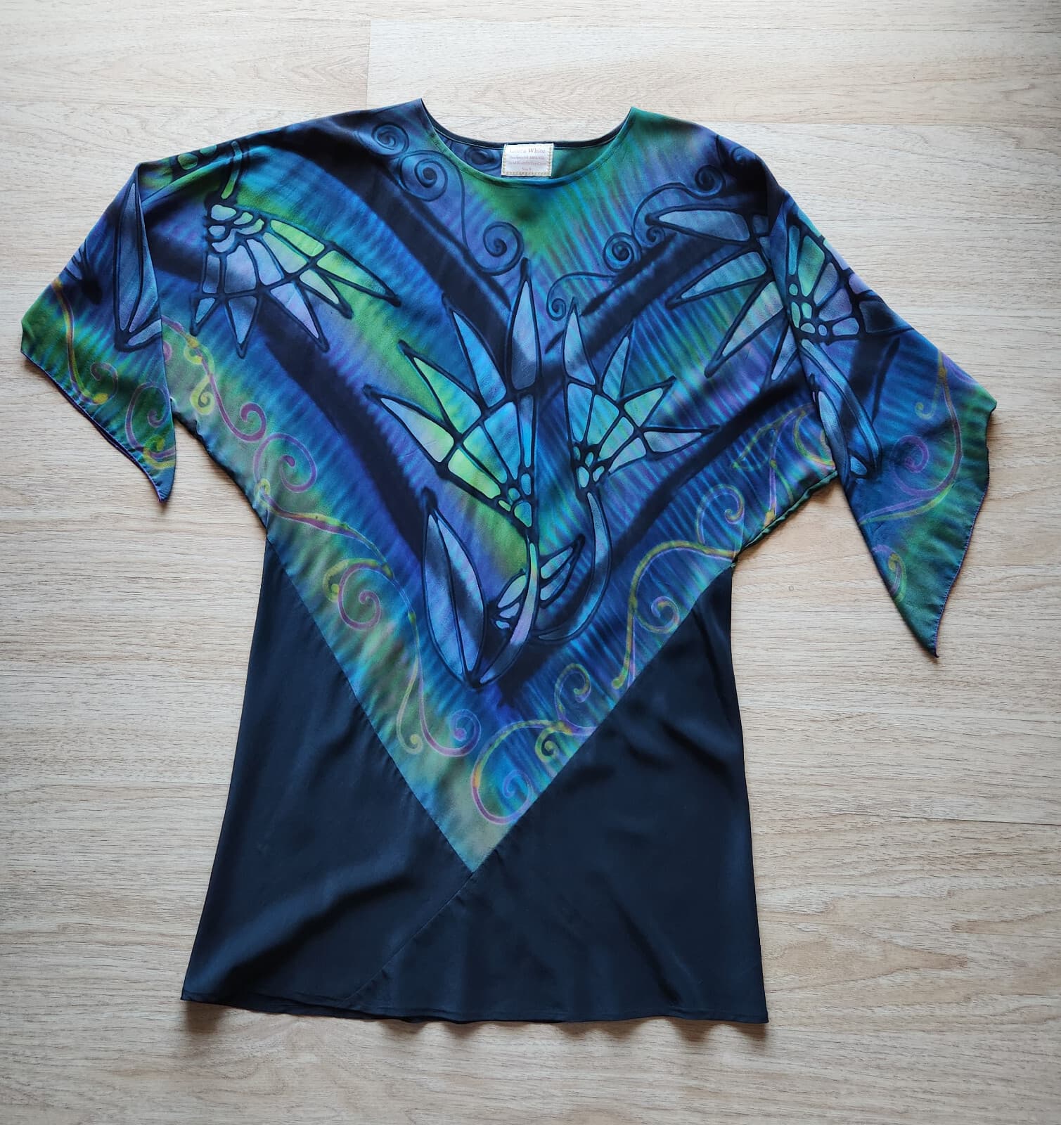 Vintage Laura White Hand Painted Silk Tunic Mini Dress Batwing Sleeve Green Sz.S - Thumbnail 5