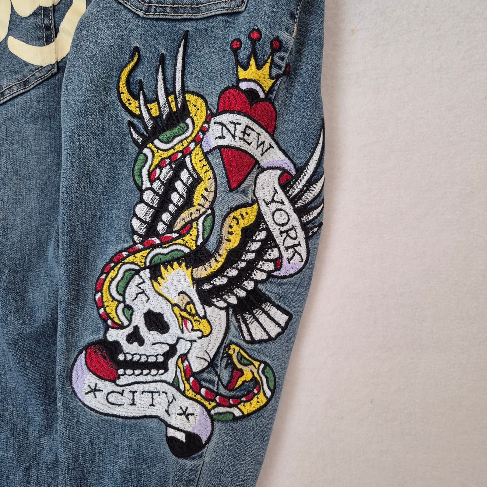 Ed Hardy Women's 26 New York City Eagle Skull Embroidered Slim Flare Jeans Blue - Thumbnail 3
