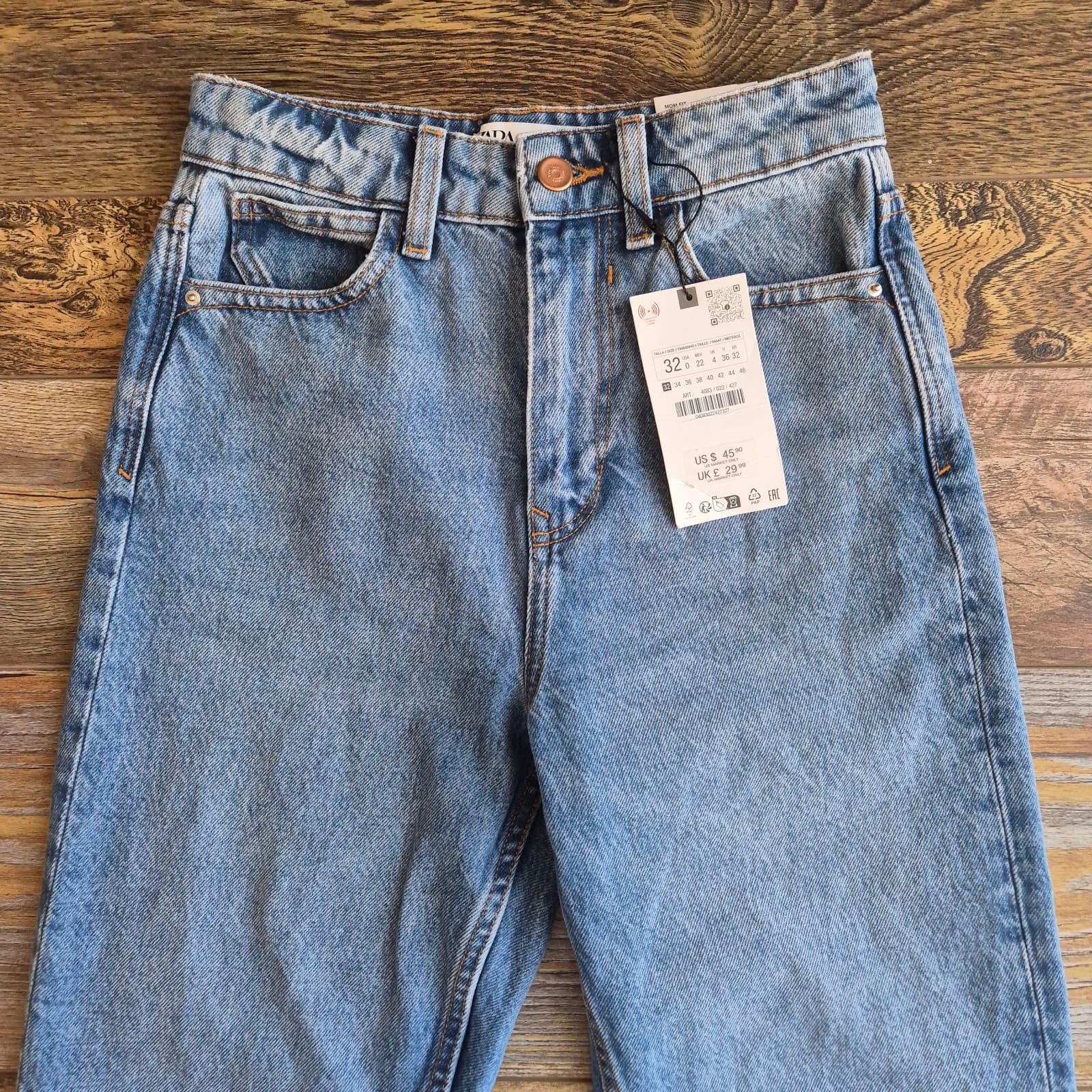 NWT ZARA Mom Fit High Rise Ankle Jeans Zip 5-Pocket Rigid Blue Cotton Women's 0 - Thumbnail 5