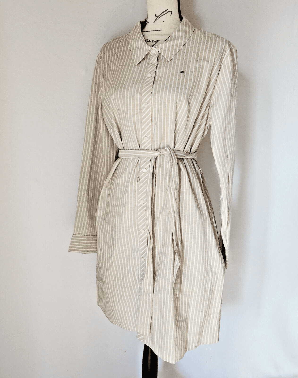 NWT Tommy Hilfiger Linen Blend Belted Shirt-Dress Long Sleeve Striped Beige 12 - Thumbnail 2