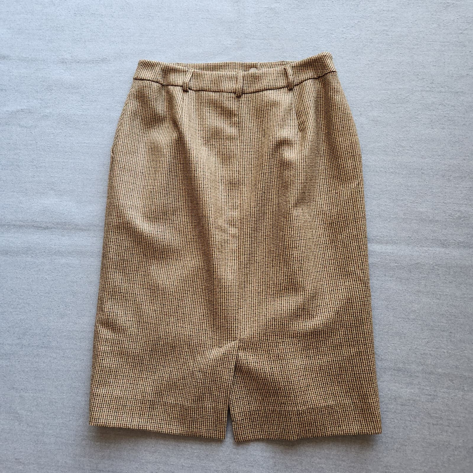 Vintage Lauren Ralph Lauren Wool Houndstooth Tweed Straight Skirt Slit Brown 8P - Thumbnail 6
