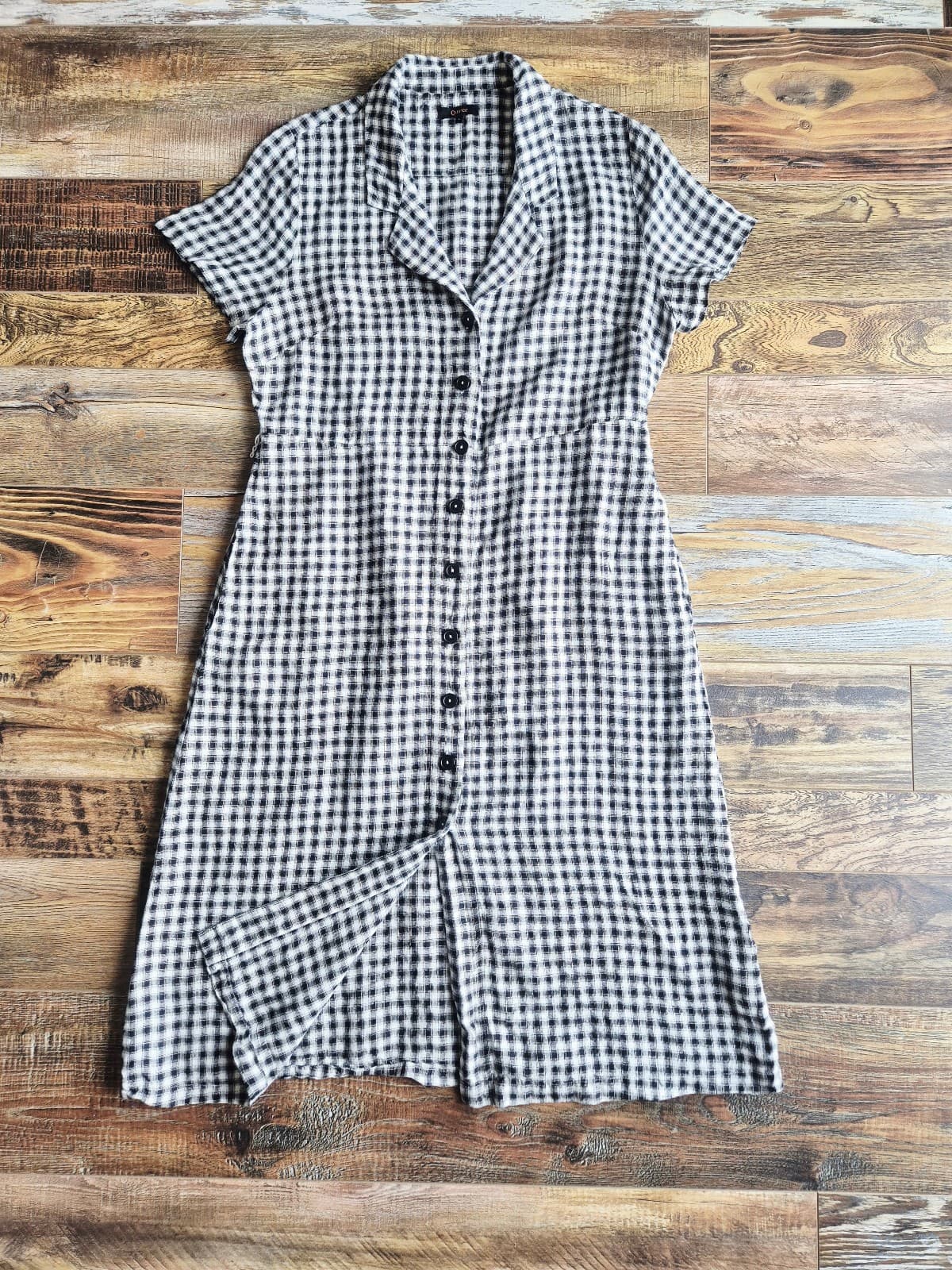 Quince European Linen Gingham Button-Front Shirt Dress Short Sleeve Black Sz.L - Thumbnail 4