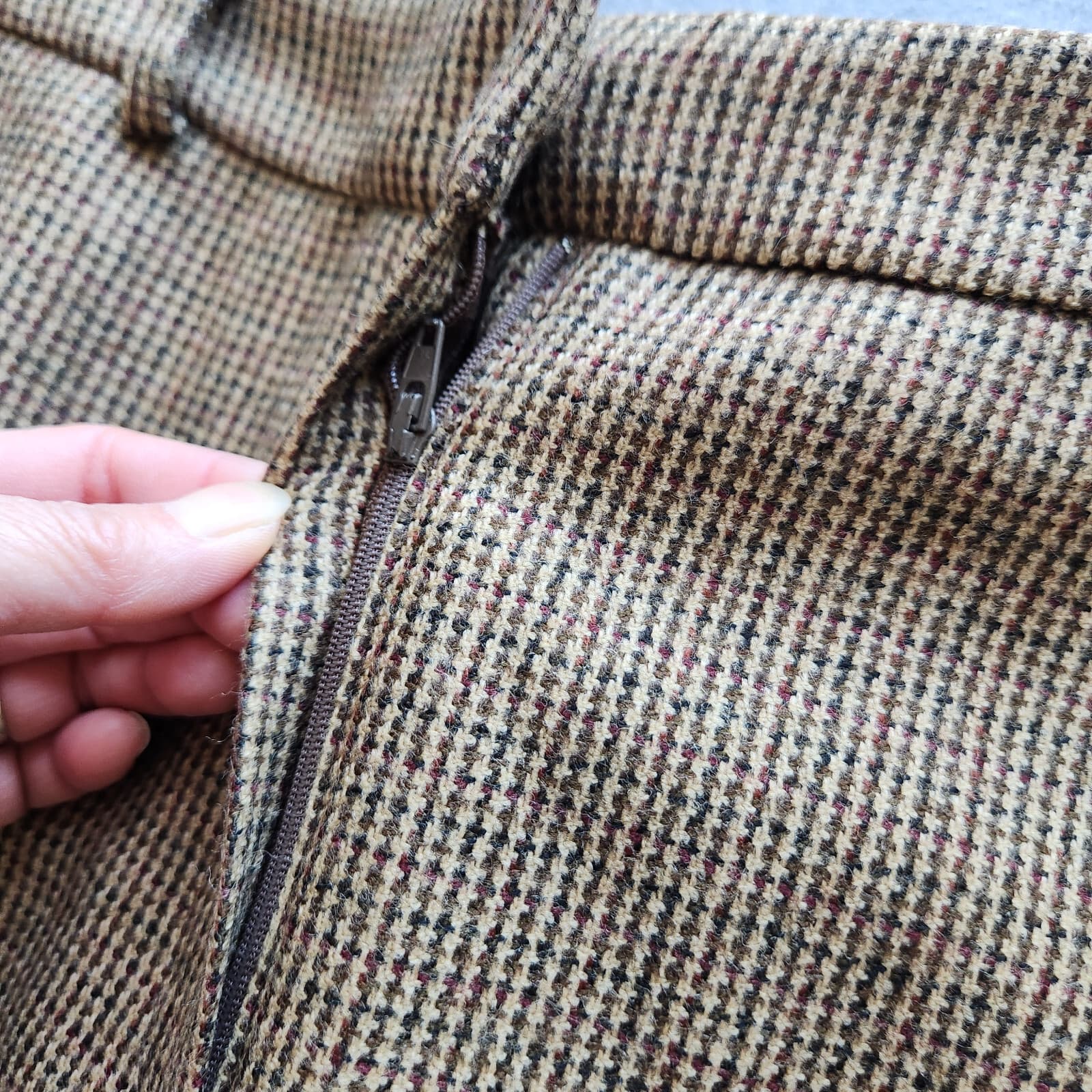 Vintage Lauren Ralph Lauren Wool Houndstooth Tweed Straight Skirt Slit Brown 8P - Thumbnail 4