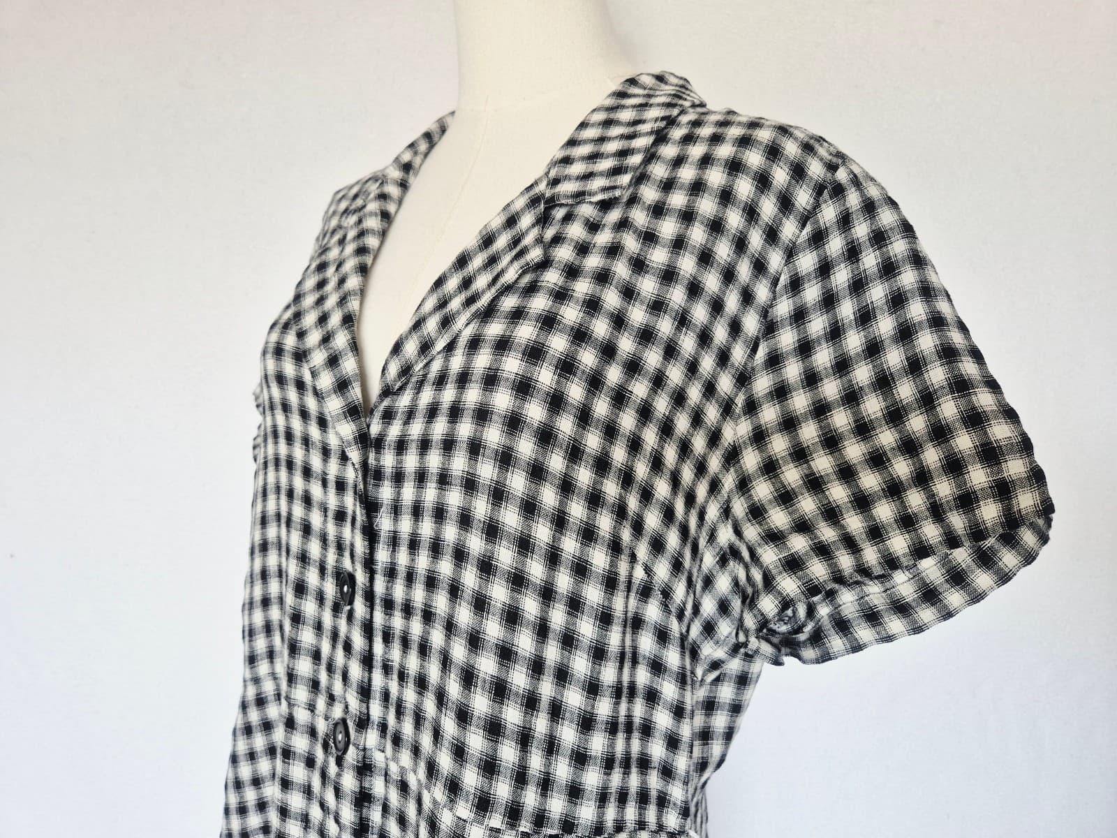 Quince European Linen Gingham Button-Front Shirt Dress Short Sleeve Black Sz.L - Thumbnail 7