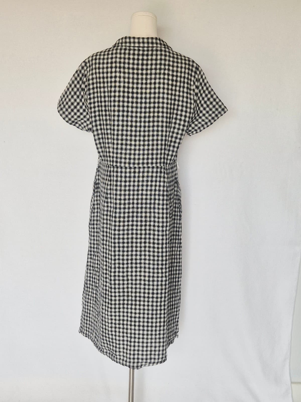 Quince European Linen Gingham Button-Front Shirt Dress Short Sleeve Black Sz.L - Thumbnail 9