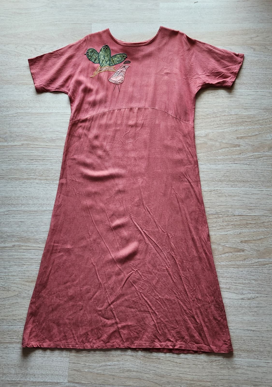 Alfredo's Wife Bird-Embroidered Tunic Maxi Dress Short Sleeve Orange Brown Sz.S - Thumbnail 5