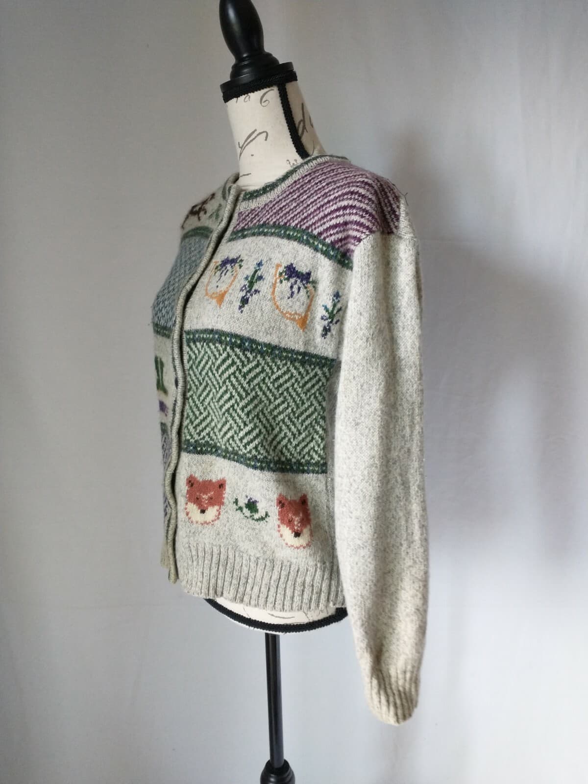 Vintage'80 Woolrich Wool Blend Animal Ski Winter Cardigan Button Grey Woman Sz.S - Thumbnail 3