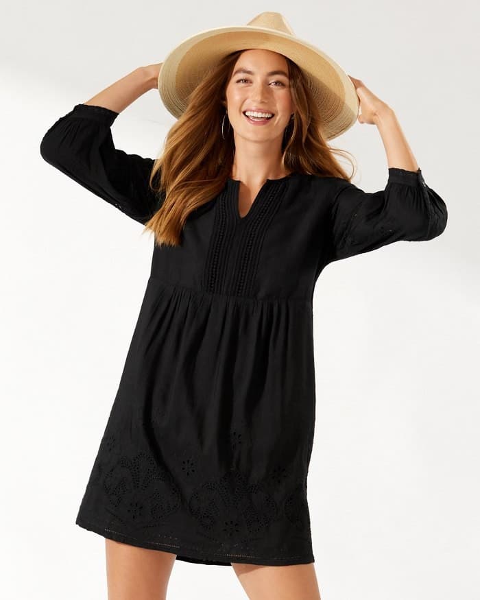 Tommy Bahama St.Lucia Black Linen-Blend Embroidered Applique V-Neck Mini Dress M - Thumbnail 5