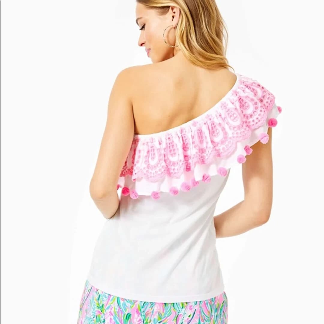 Lilly Pulitzer Idara One Shoulder Top Eyelet Pompom White Pink Pima Cotton Sz.XL - Thumbnail 9
