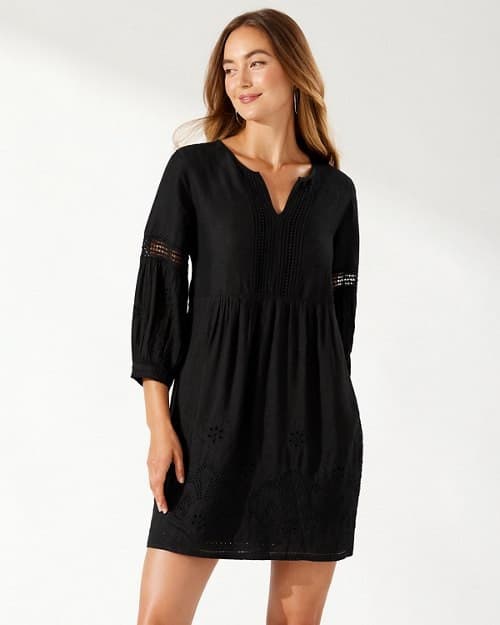 Tommy Bahama St.Lucia Black Linen-Blend Embroidered Applique V-Neck Mini Dress M - Thumbnail 6