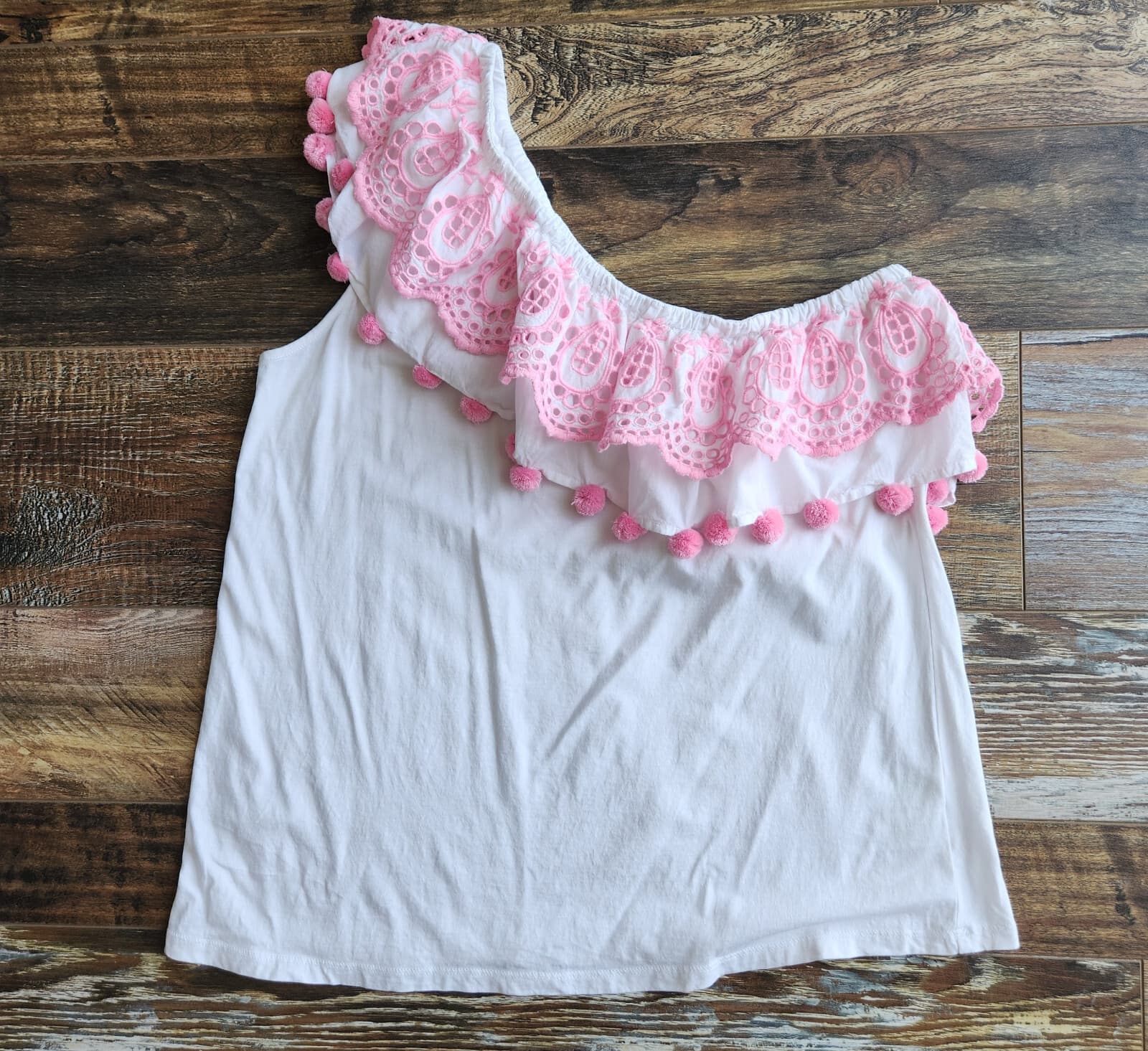 Lilly Pulitzer Idara One Shoulder Top Eyelet Pompom White Pink Pima Cotton Sz.XL - Thumbnail 4