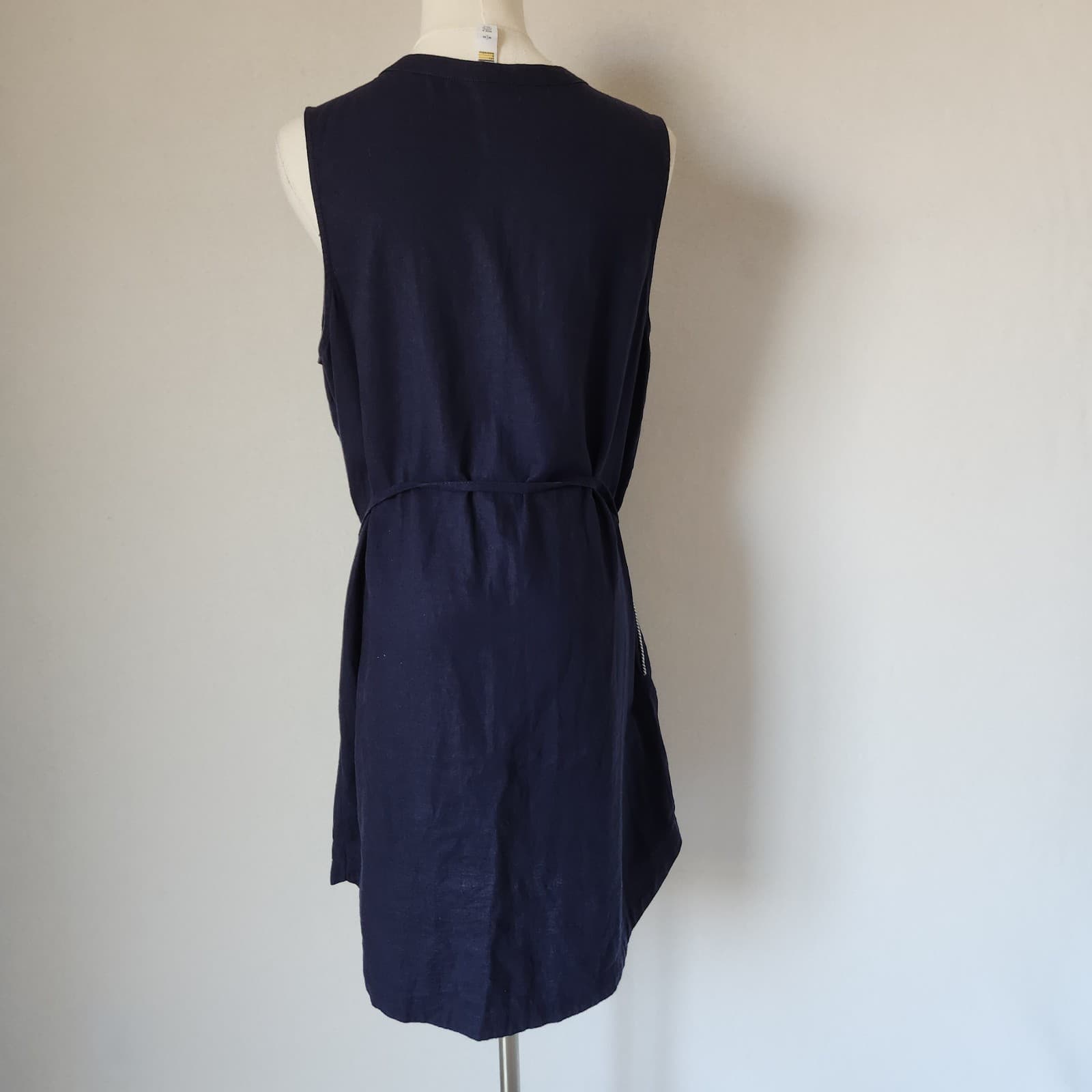Lolë Linen Blend Button-Front Tie-Waist Sheath Dress Sleeveless Pocket Navy Sz.M - Thumbnail 6