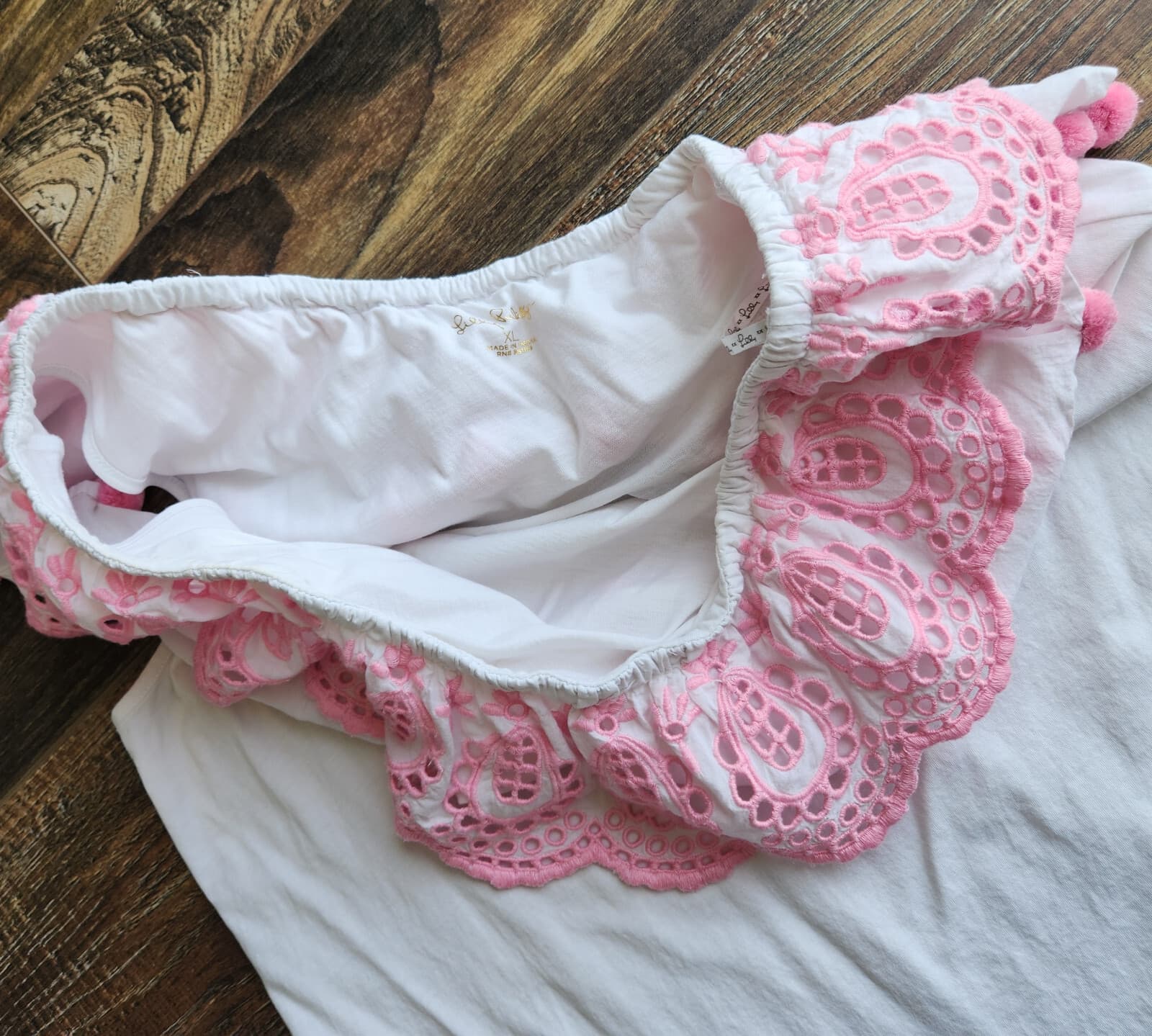 Lilly Pulitzer Idara One Shoulder Top Eyelet Pompom White Pink Pima Cotton Sz.XL - Thumbnail 12