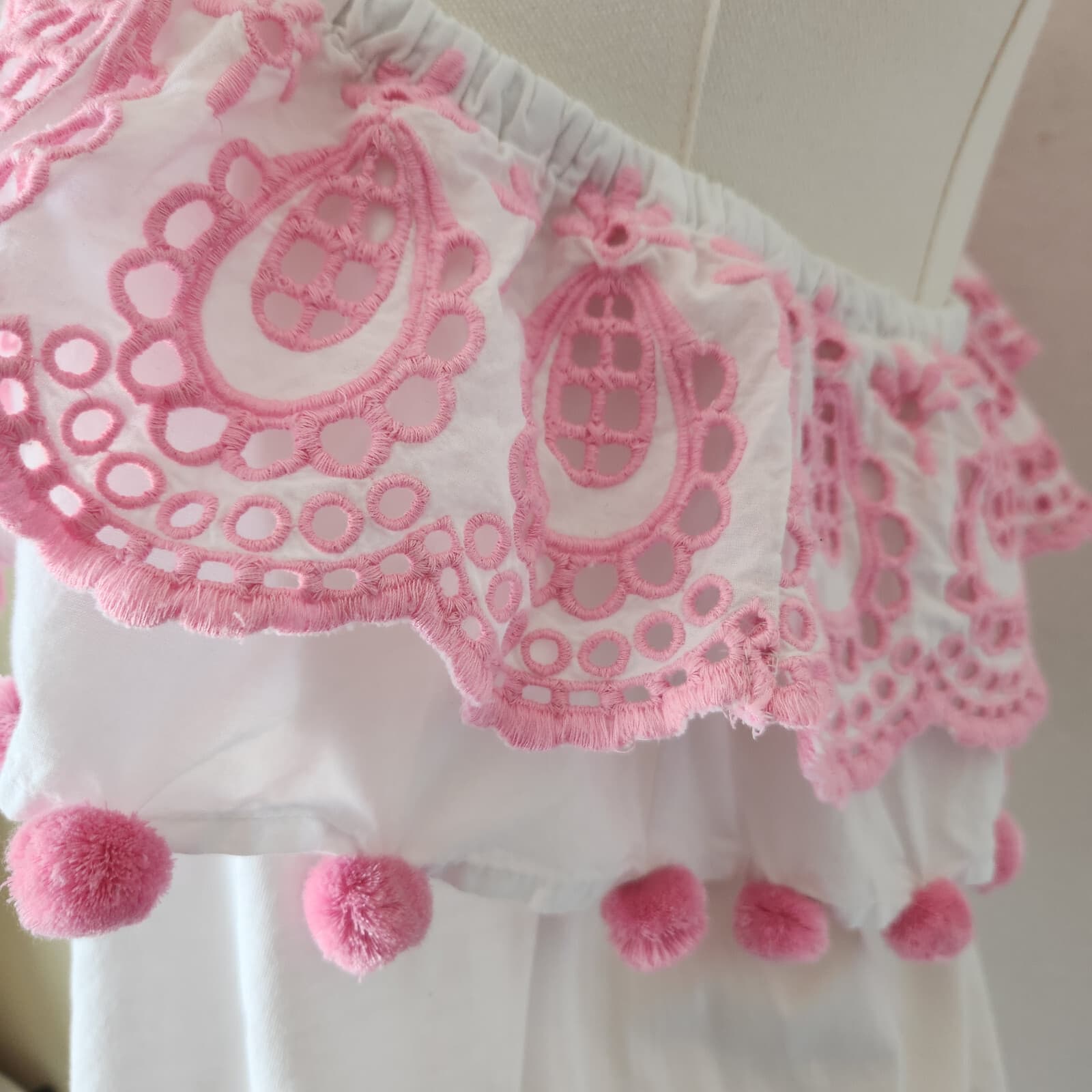 Lilly Pulitzer Idara One Shoulder Top Eyelet Pompom White Pink Pima Cotton Sz.XL - Thumbnail 7