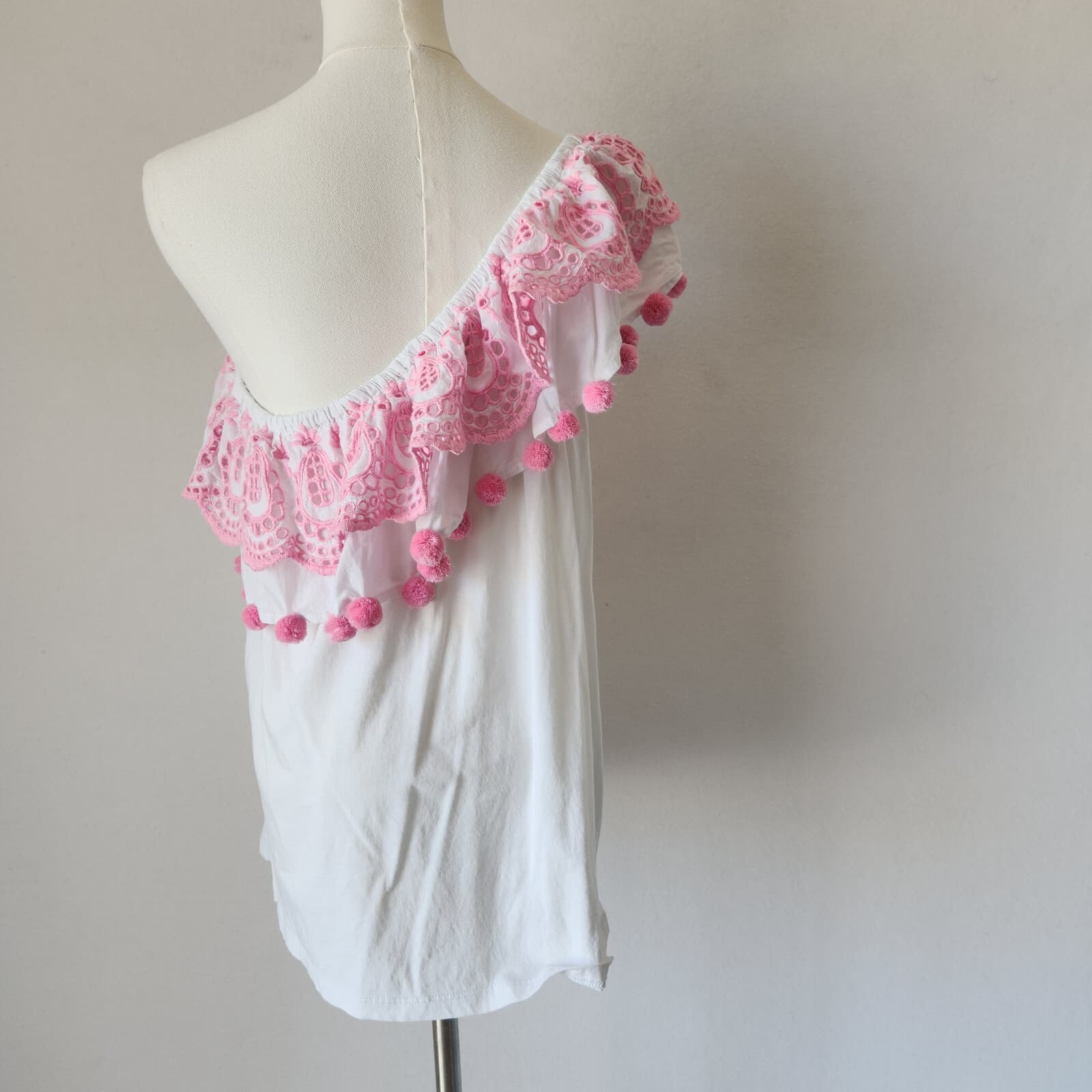 Lilly Pulitzer Idara One Shoulder Top Eyelet Pompom White Pink Pima Cotton Sz.XL - Thumbnail 10