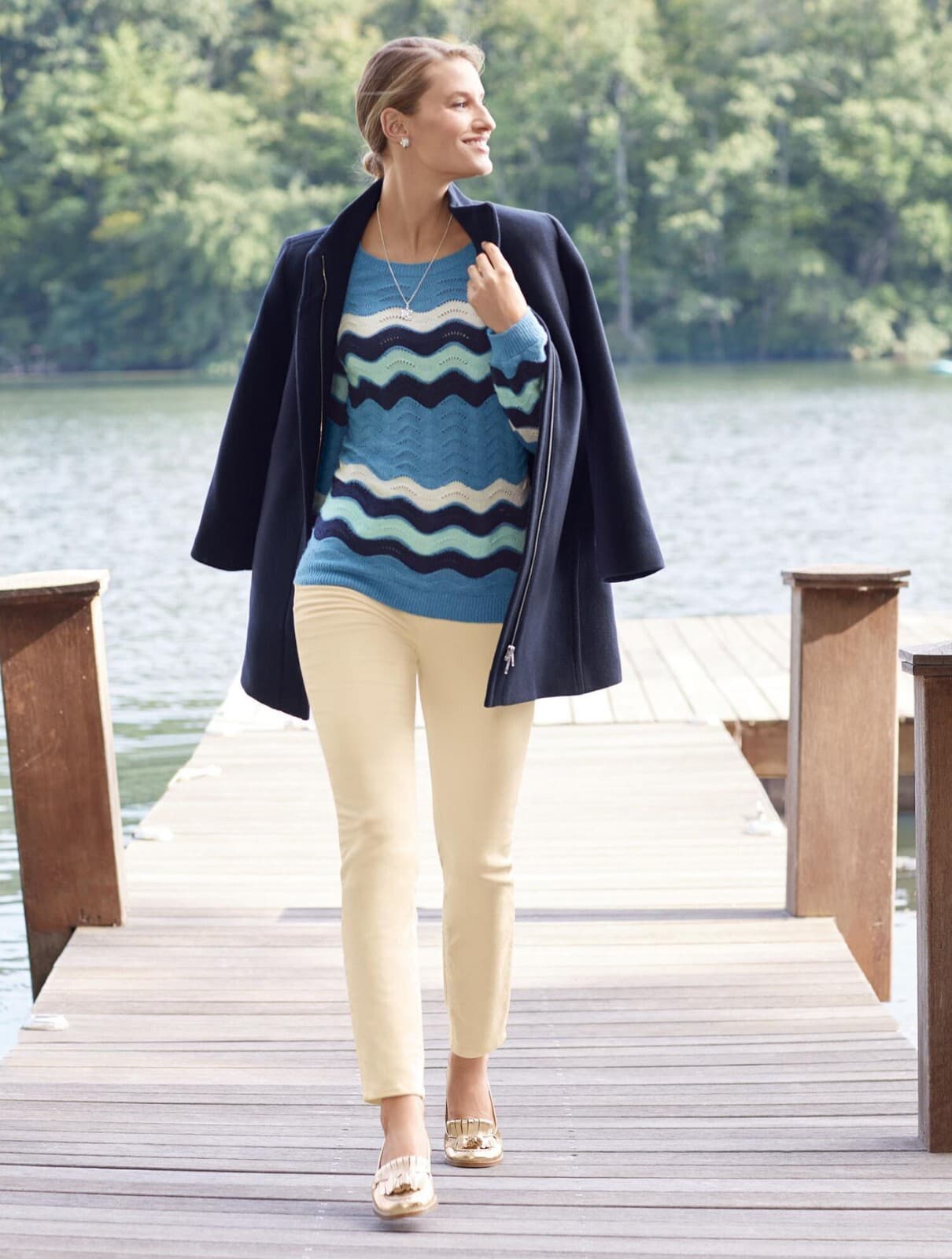 Talbots Wave Strips Sweater Long Balloon Sleeve Tranquil Blue Cotton Blend Sz.L - Thumbnail 3