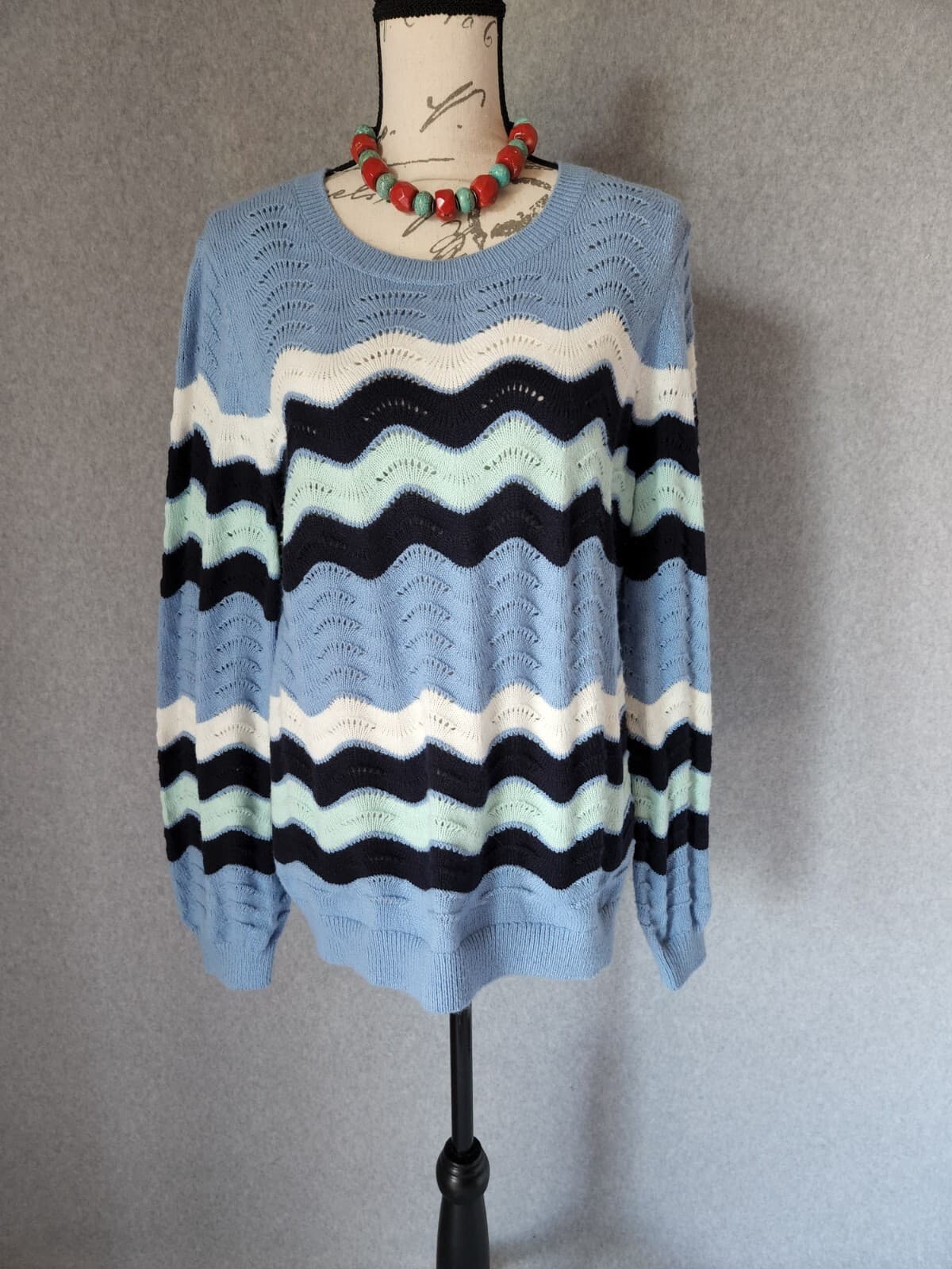 Talbots Wave Strips Sweater Long Balloon Sleeve Tranquil Blue Cotton Blend Sz.L - Thumbnail 4