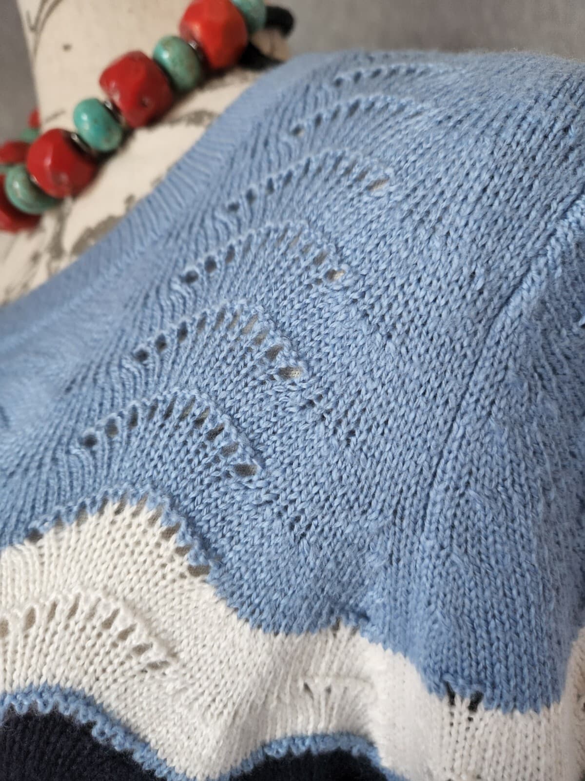 Talbots Wave Strips Sweater Long Balloon Sleeve Tranquil Blue Cotton Blend Sz.L - Thumbnail 5