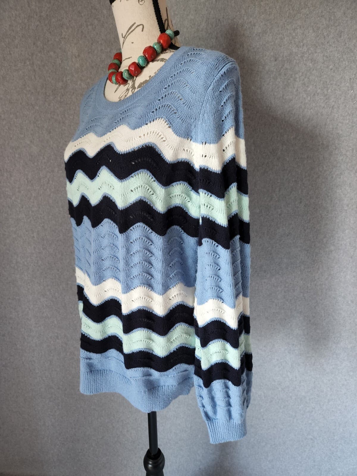 Talbots Wave Strips Sweater Long Balloon Sleeve Tranquil Blue Cotton Blend Sz.L - Thumbnail 6