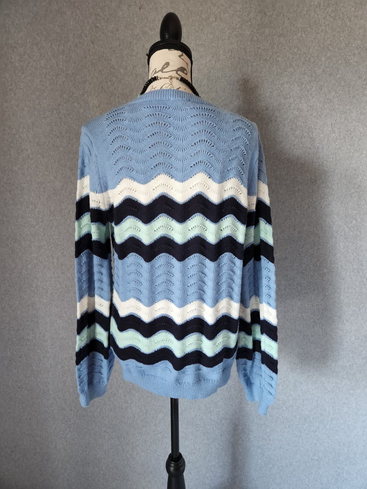 Talbots Wave Strips Sweater Long Balloon Sleeve Tranquil Blue Cotton Blend Sz.L - Thumbnail 7