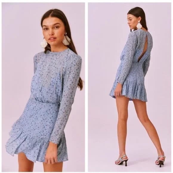 Finders Keepers Blossom Floral Long Sleeve Mini Dress Tiered Ruffle Blue Sz.4/S - Thumbnail 5