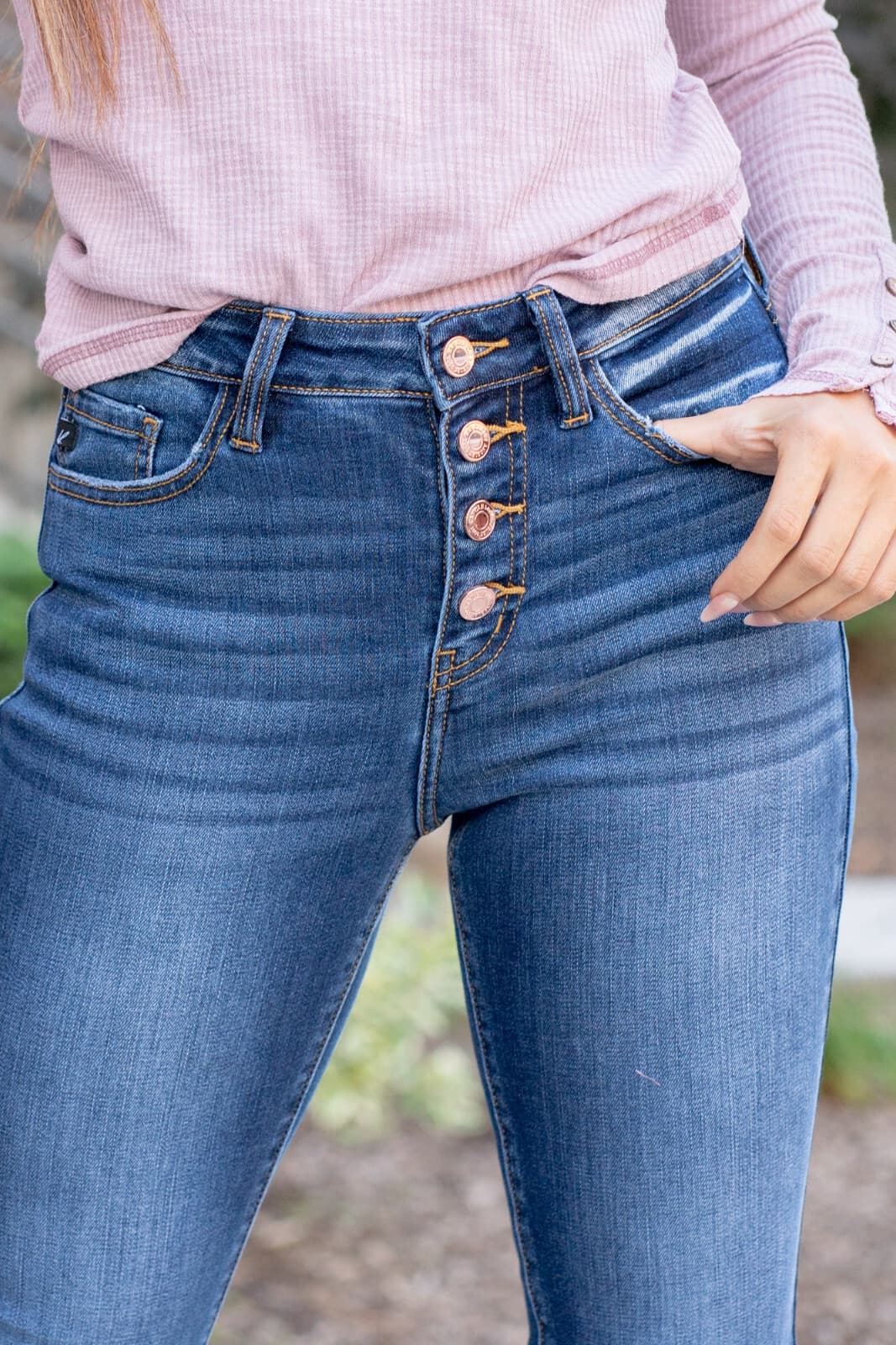 Kancan Exposed High Rise Button-Fly Skinny Jeans Distressed Blue Sz.7/27 KC9142D - Thumbnail 6