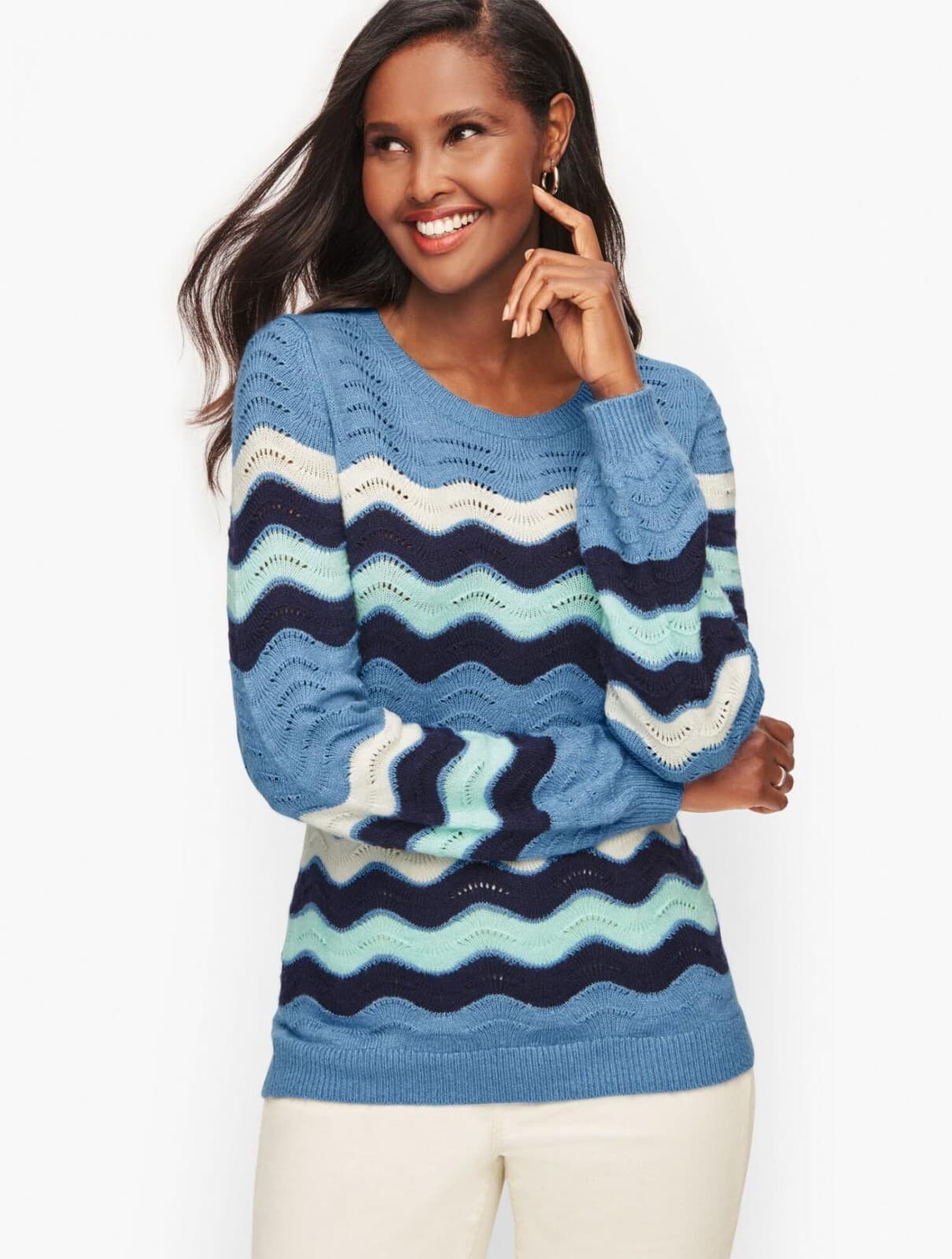Talbots Wave Strips Sweater Long Balloon Sleeve Tranquil Blue Cotton Blend Sz.L - Thumbnail 2