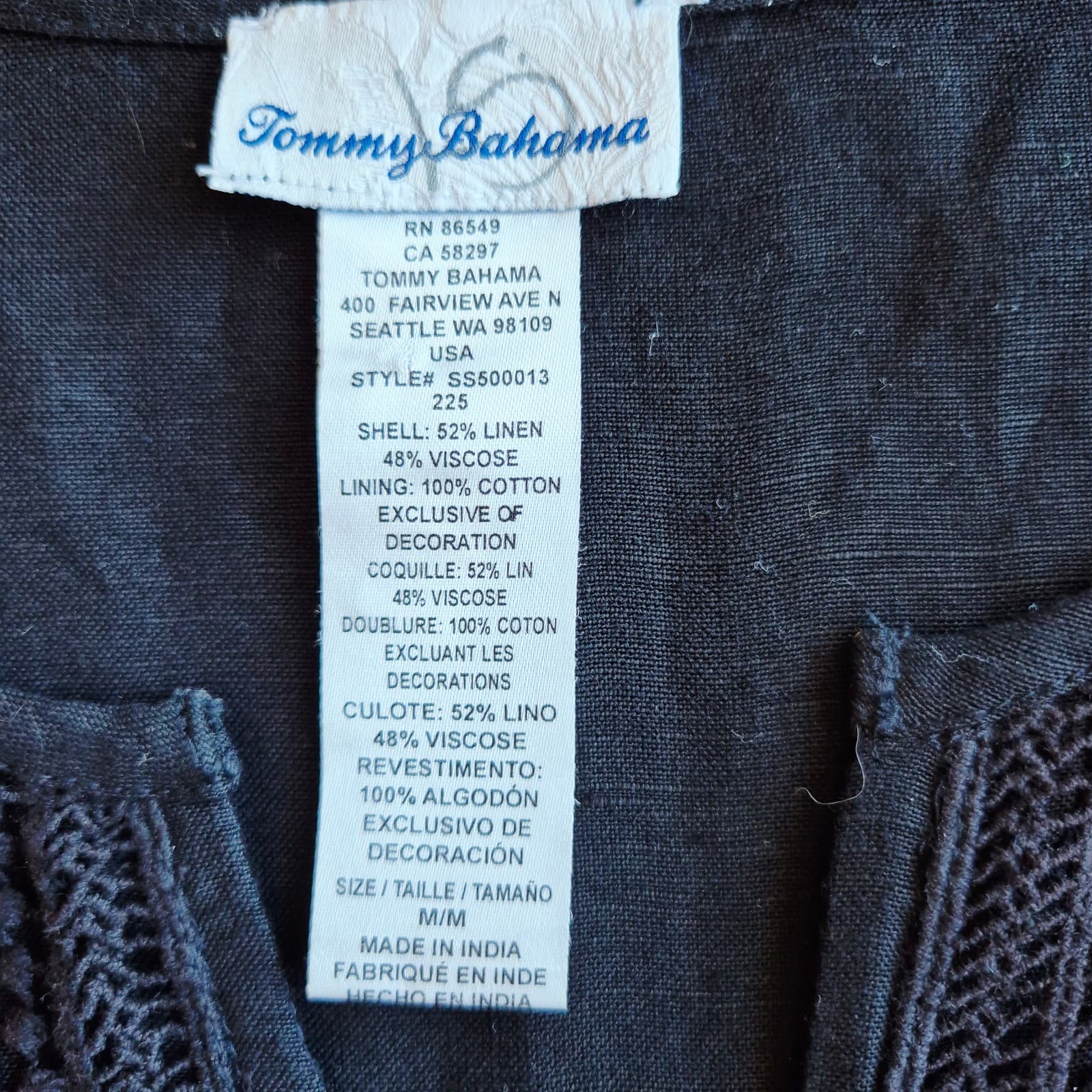 Tommy Bahama St.Lucia Black Linen-Blend Embroidered Applique V-Neck Mini Dress M - Thumbnail 12