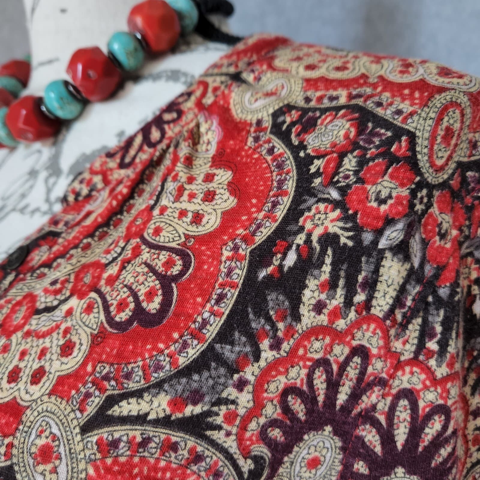 Lucky Brand Paisley Cotton Blend Smock Waist Top 3/4 Sleeve Multicolor Women L - Thumbnail 2