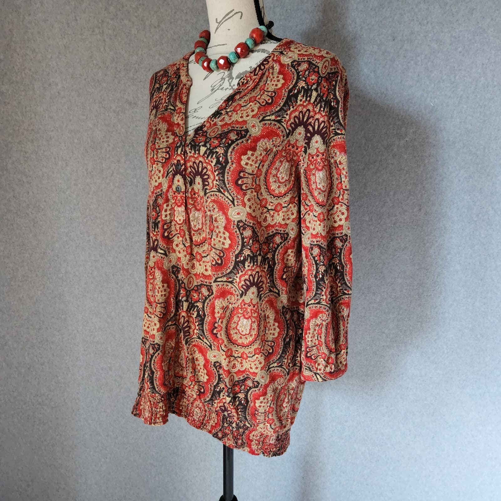 Lucky Brand Paisley Cotton Blend Smock Waist Top 3/4 Sleeve Multicolor Women L - Thumbnail 3