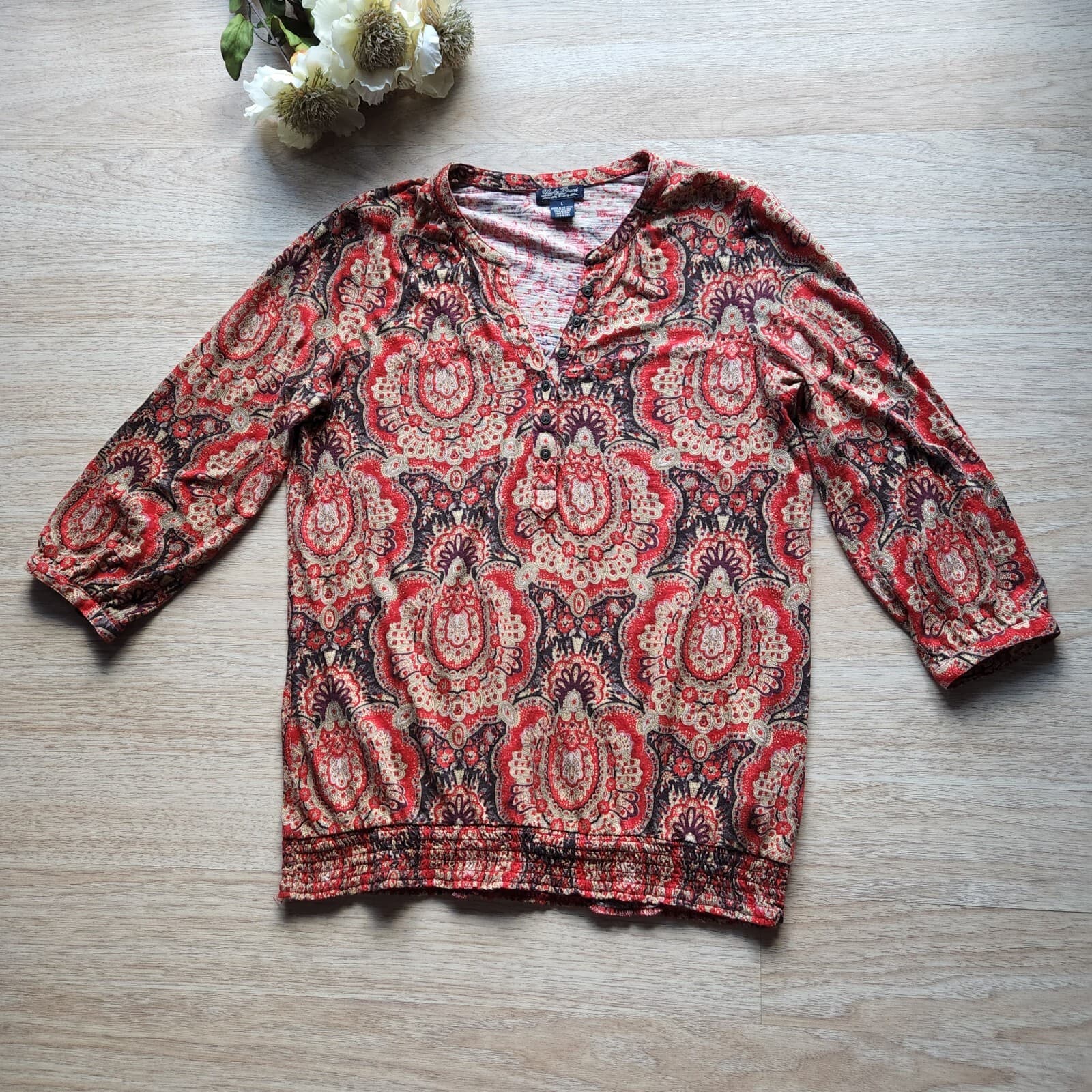 Lucky Brand Paisley Cotton Blend Smock Waist Top 3/4 Sleeve Multicolor Women L - Thumbnail 5