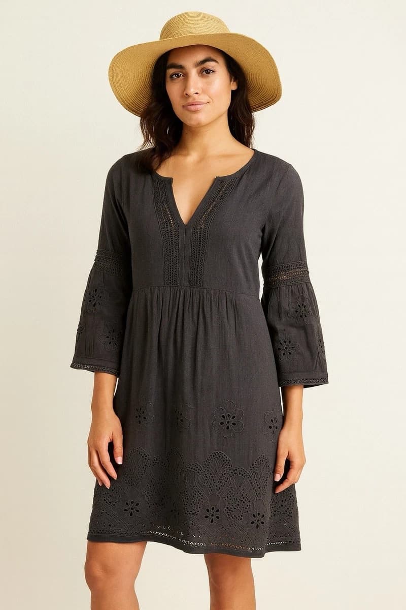 Tommy Bahama St.Lucia Black Linen-Blend Embroidered Applique V-Neck Mini Dress M - Thumbnail 3