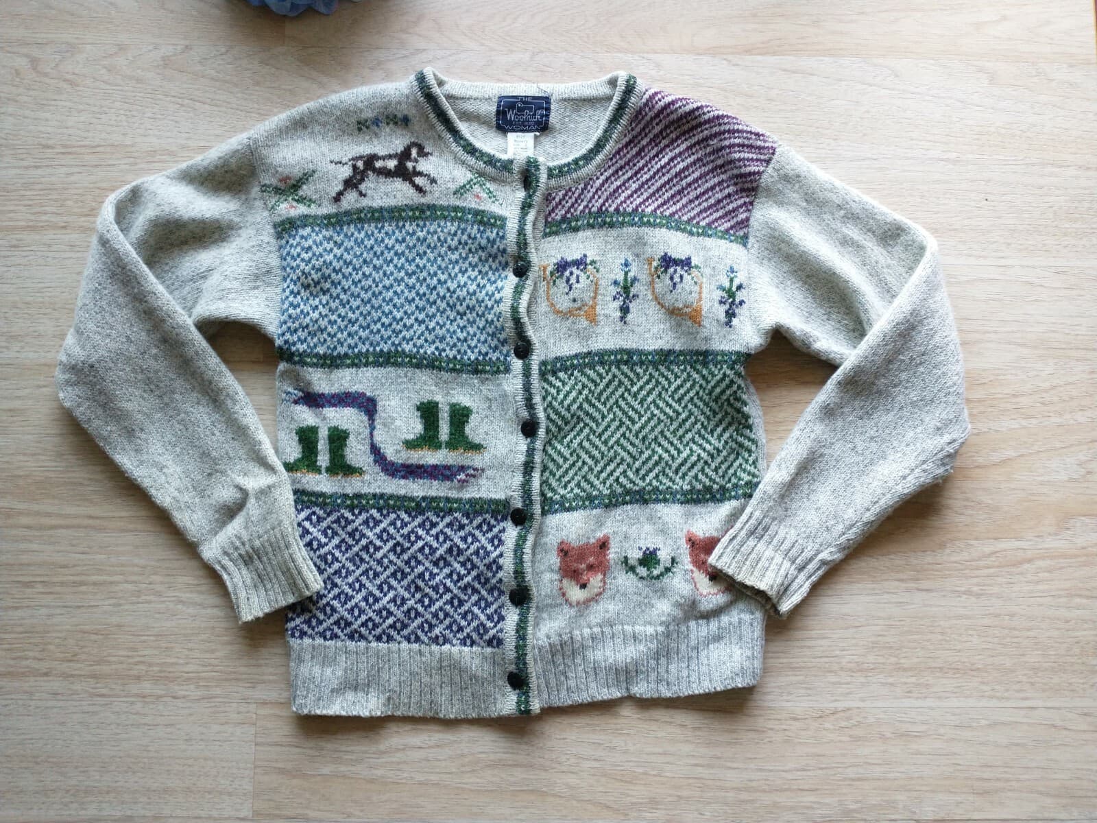 Vintage'80 Woolrich Wool Blend Animal Ski Winter Cardigan Button Grey Woman Sz.S - Thumbnail 2