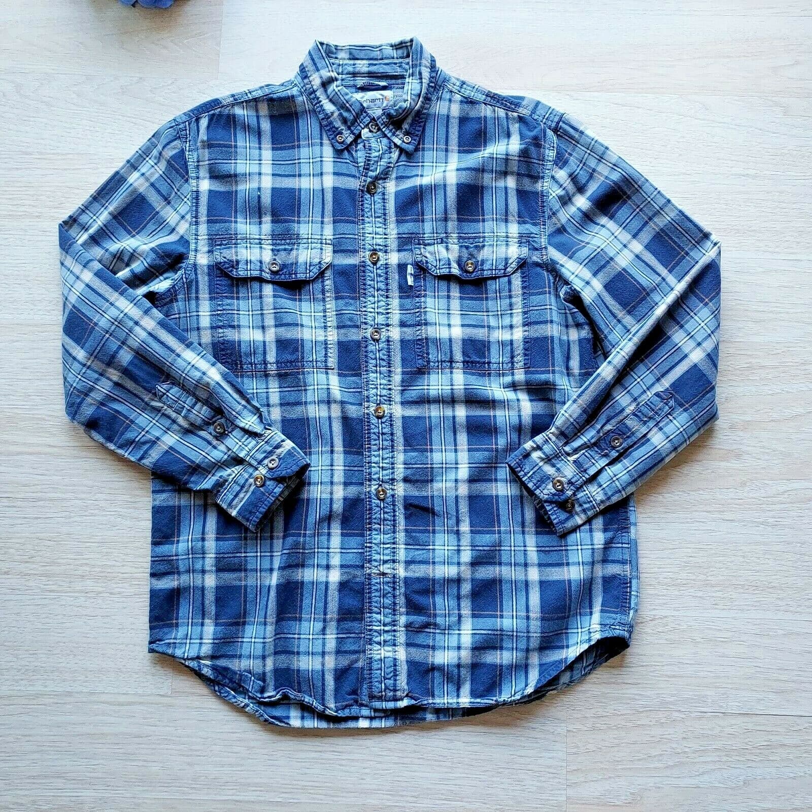 Carhartt Relaxed Fit Shirt Button-Down Long Sleeve Plaid Blue 100%Cotton Men M - Thumbnail 2