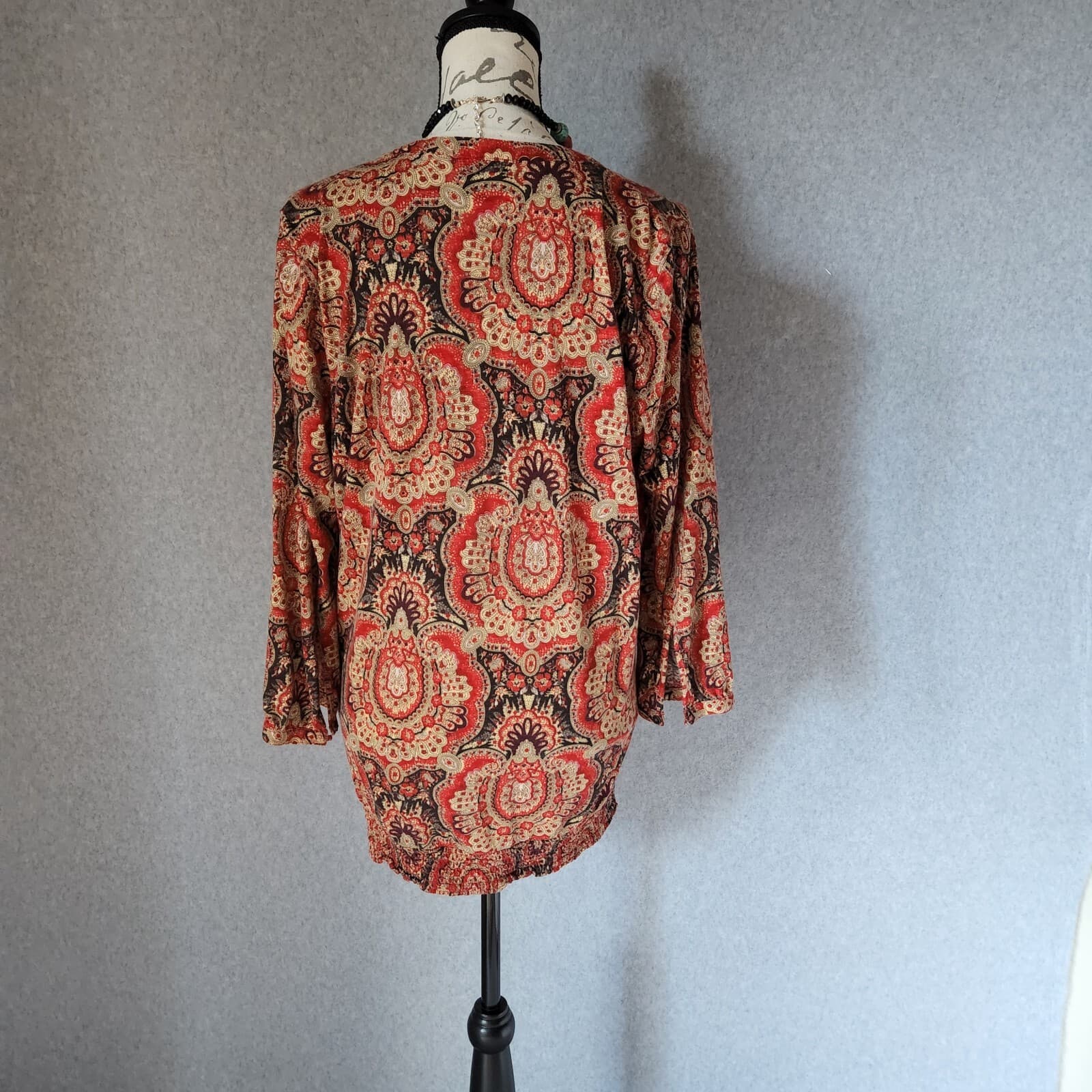 Lucky Brand Paisley Cotton Blend Smock Waist Top 3/4 Sleeve Multicolor Women L - Thumbnail 4