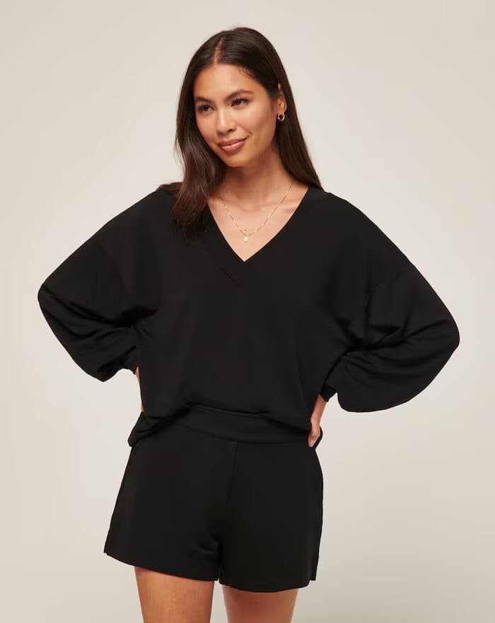 NWT Travis Mathew Women's XL Cloud Terry V-Neck Top Long Sleeve Tencel Black - Thumbnail 2