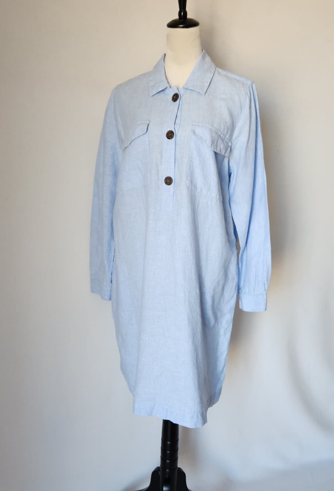 J.Jill Love Linen Popover Shirtdress Long Sleeve Pocket Pin-Strip Blue Women's L